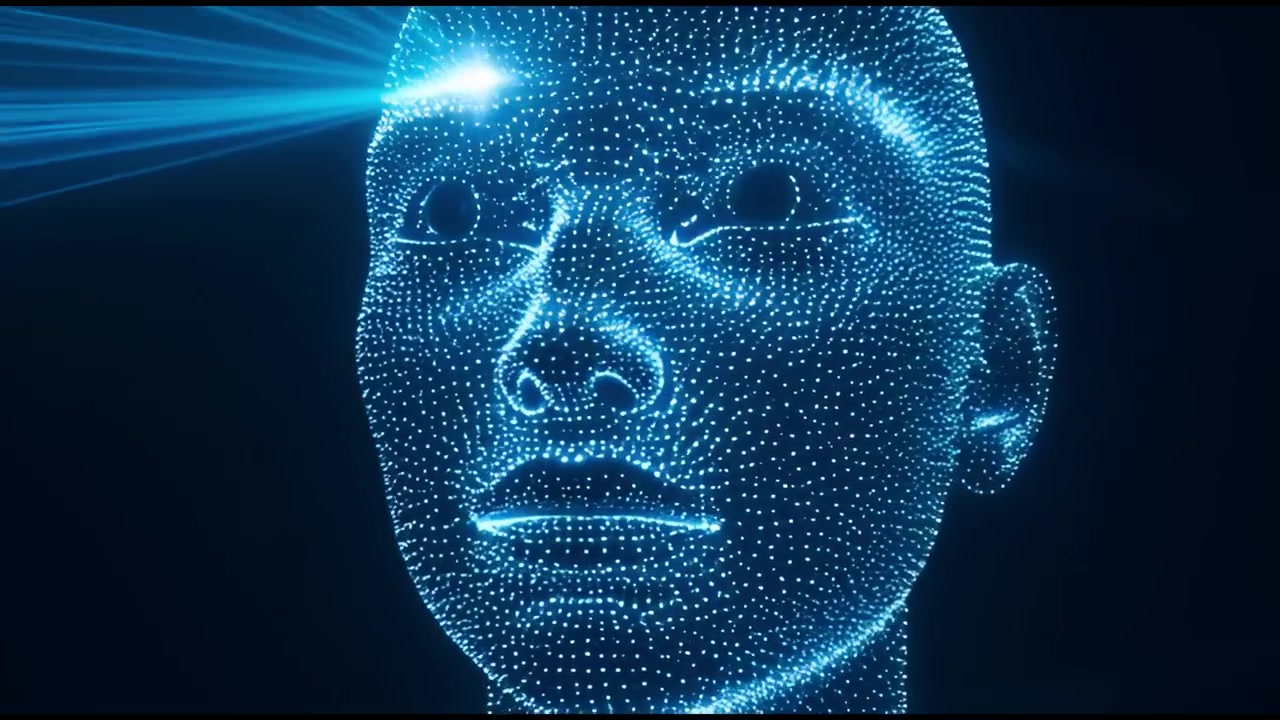 Futuristic Digital Human Head with Glowing Blue Eyes