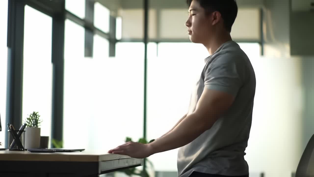 A Focused Individual Engaging in Work at a Modern Desk, Showcasing a Serene Environment With Natural Light Streaming Through Large Windows