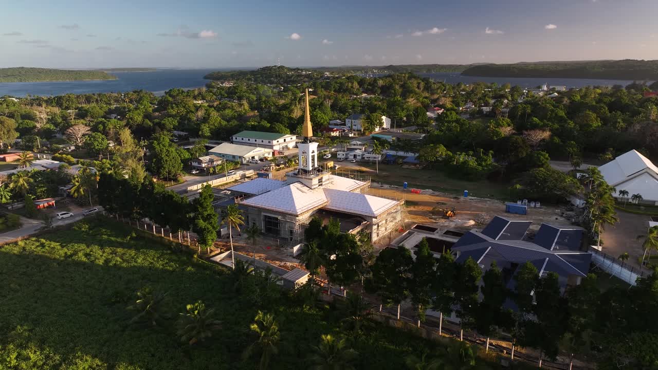 Tonga Temple in Neaifu town, Vava'u Island, Pacific. Drone pull back from religious building.