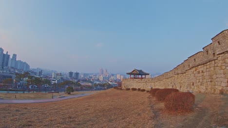 asian korean hwaseong fortress rock stone wall in suwon, traditional culture architecture object unesco heritage wide angle panorama view