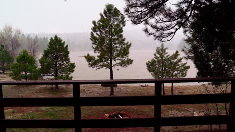 looking out on a cabin's deck on a cold winter's morning