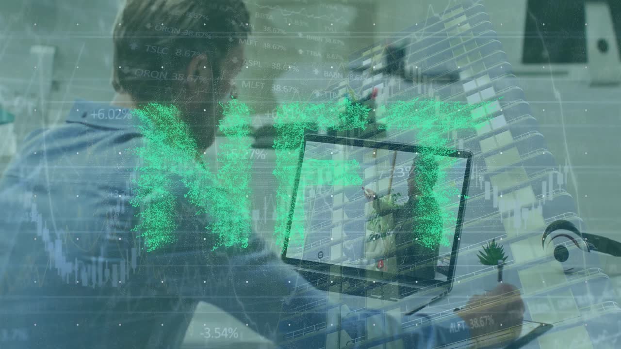 Animation of nft over caucasian man having video call on laptop