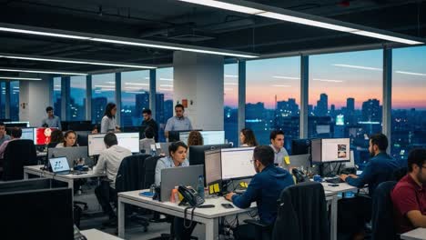 a dynamic corporate office environment featuring employees engaged in collaborative work while enjoying a beautiful cityscape sunset through large windows