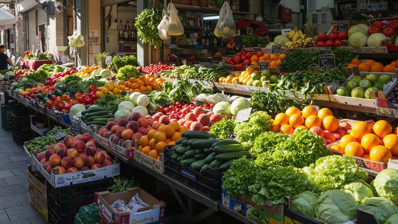 A Vibrant Display of Fresh Fruits and Vegetables at a Local Market, Showcasing a Bountiful Harvest in Colorful Arrangement Under Bright Sunlight
