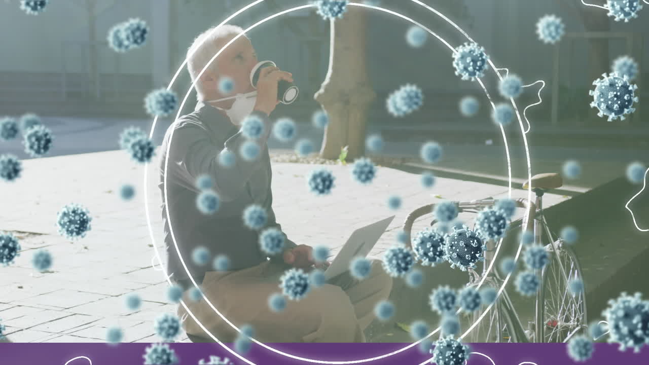 코로나19 세포의 애니메이션 시니어 남자가 마스크를 쓰고 있습니다.