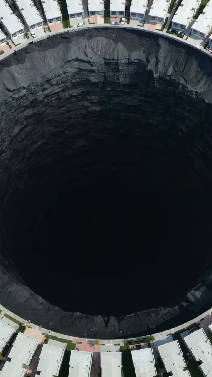 Vertical video: Descending drone revealing layered rock walls while surveying crater ring of houses