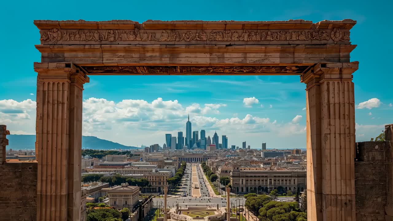 Framing carved arch lintel and columns, camera zooming on hilltop showing avenue and city skyline