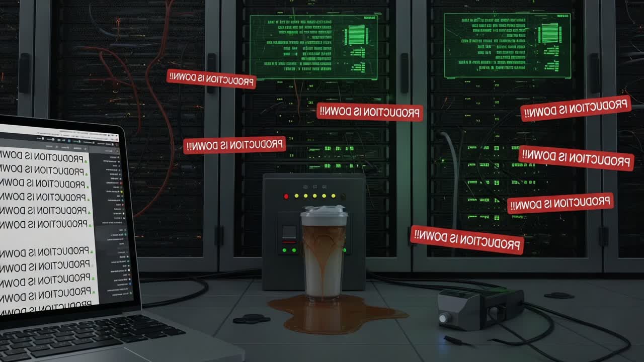 A Contaminated Workspace: Technical Glitches and Disruptions Amidst Server Malfunction Indicated by 'Production is Down' Messages in a Dark Server Room Environment