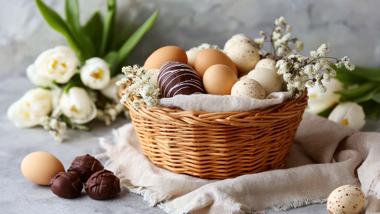 eggs,basket,flowers,chocolate,spring,decor,holiday,colorful,finery,natural,arrangement,festive,theme,easter,delicate,design,celebration,tulips,tradition,treats,soft,scene,authentic,background,cozy,texture,craft,home,beautiful,party,sweet,treat,style,custom,joy,color,season,tableau,ambiance,vibrant