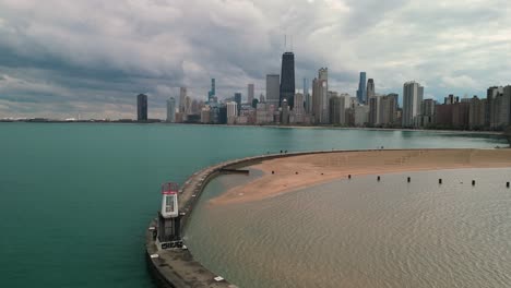 Aerial-view-of-North-Avenue-Beach-Pier-and-downtown-Chicago