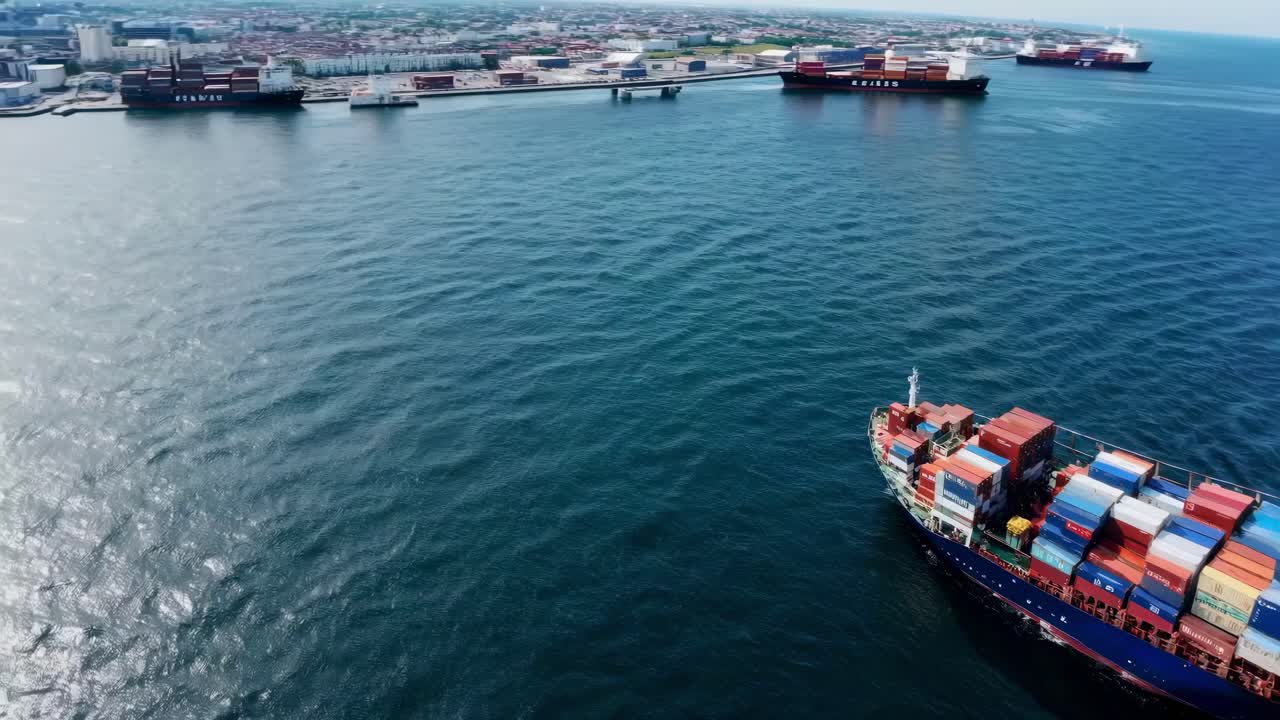 Aerial video showcasing a cargo ship navigating a vast harbor, highlighting the bustling port