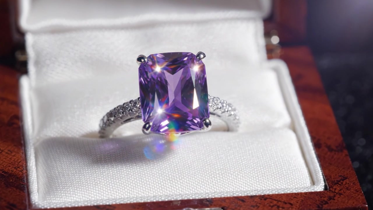 A Stunning Purple Amethyst Ring Presented Elegantly in a Polished Wooden Box, Showcasing Its Brilliant Craftsmanship and Intricate Design in a Beautiful Display
