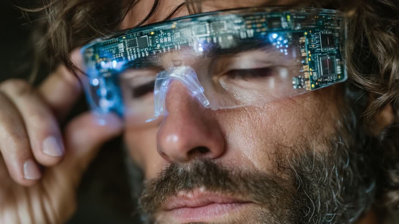 Innovative Technology: A Close-Up Look at Futuristic Smart Glasses with Embedded Circuitry, Capturing the Essence of Augmented Reality and Wearable Tech Usage