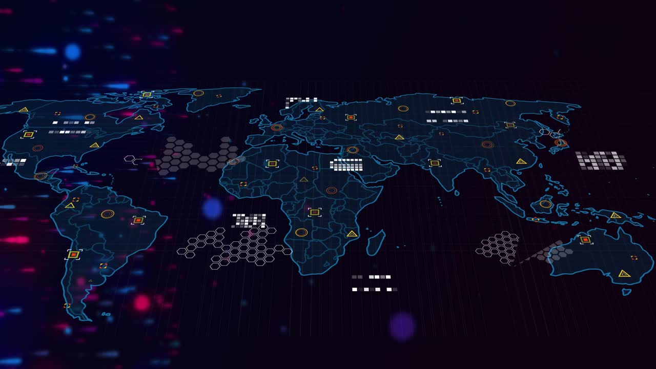 Faint blue line tracing continents, glowing map visualizing dataflow via shifting icons, connectors