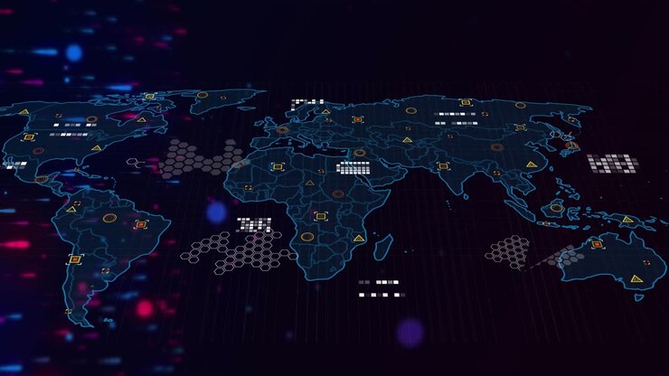 Faint blue line tracing continents, glowing map visualizing dataflow via shifting icons, connectors