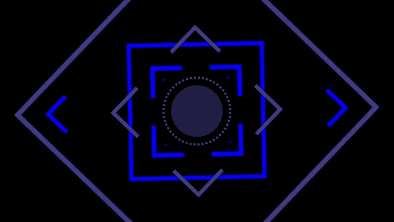 animación de un alcance cuadrado azul giratorio sobre fondo negro, con líneas azules y blancas que pasan