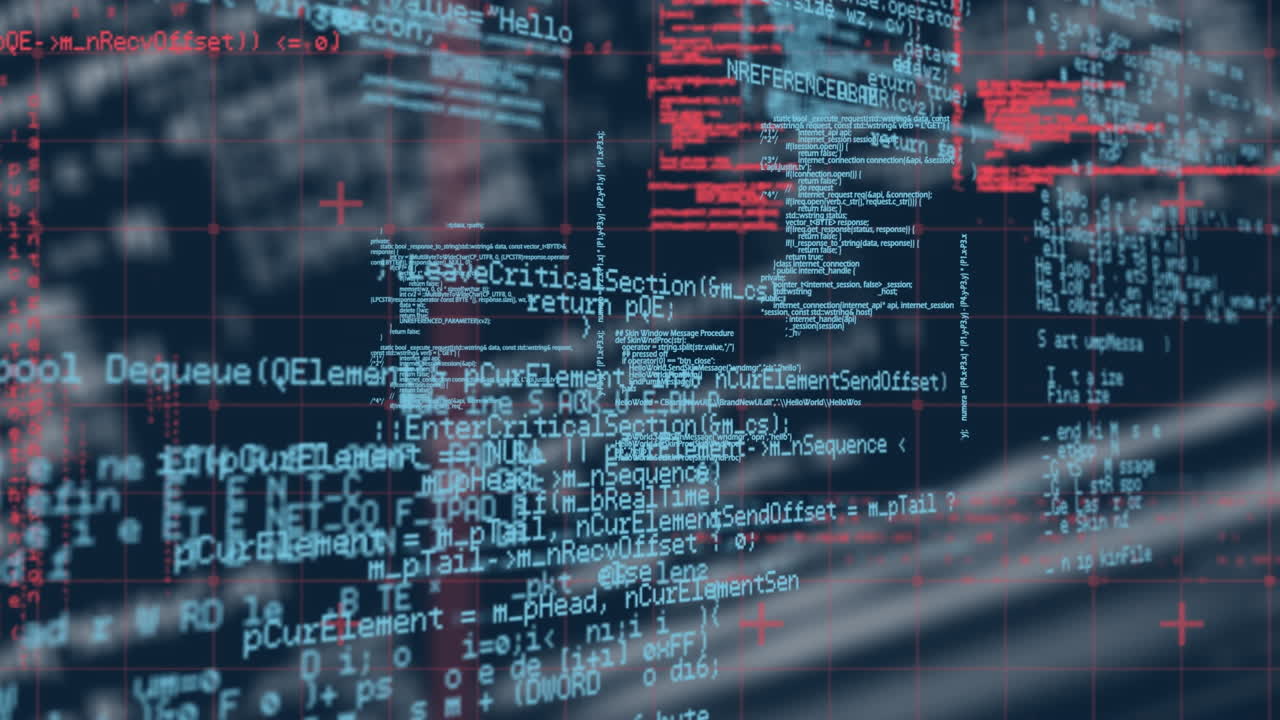Digital animation of data processing over grid network against blue background