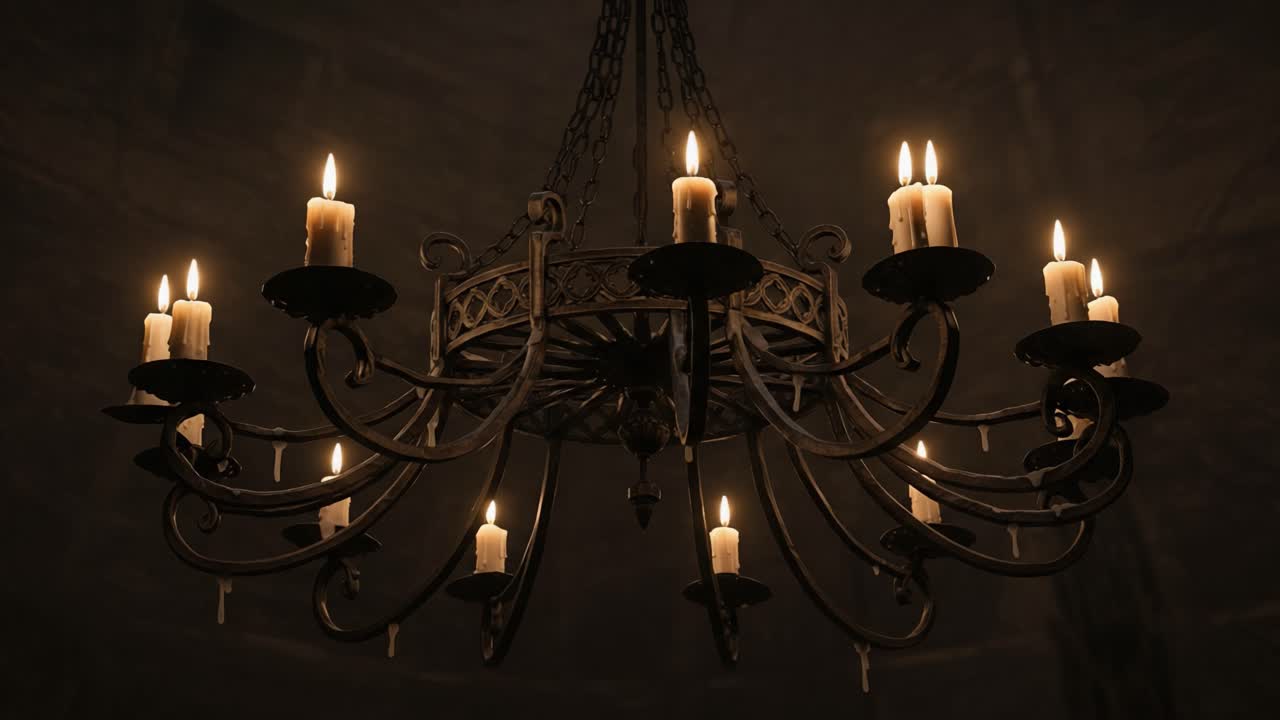 An Elegant, Flickering Candle Chandelier Illuminating a Darkened Space with Warm Glows and Intricate Metalwork, Capturing the Essence of Vintage Lighting Aesthetics