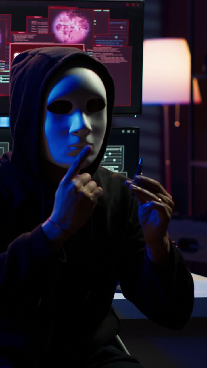 Truffatore di video verticali con maschera anonima che usa il cellulare per registrare filmati di ricatto, minacciando le vittime