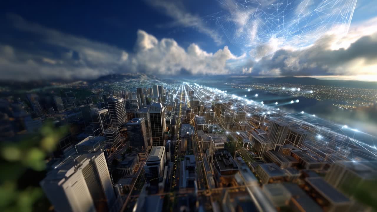 Visão aérea de uma cidade futurista, integrada com conectividade de alta tecnologia e desenvolvimento urbano sob um céu dinâmico com nuvens e rastros de luz