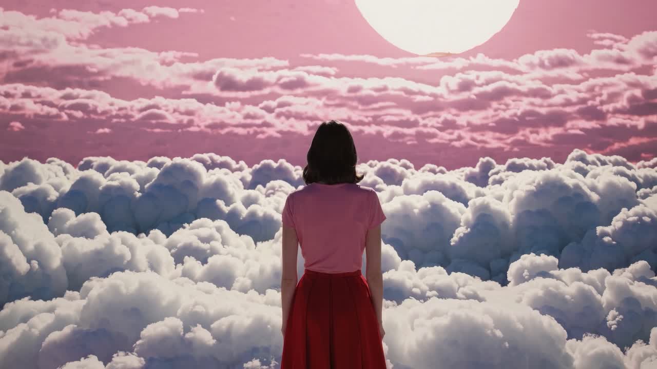 A woman in a red skirt stands above clouds, facing a pink sky and large sun