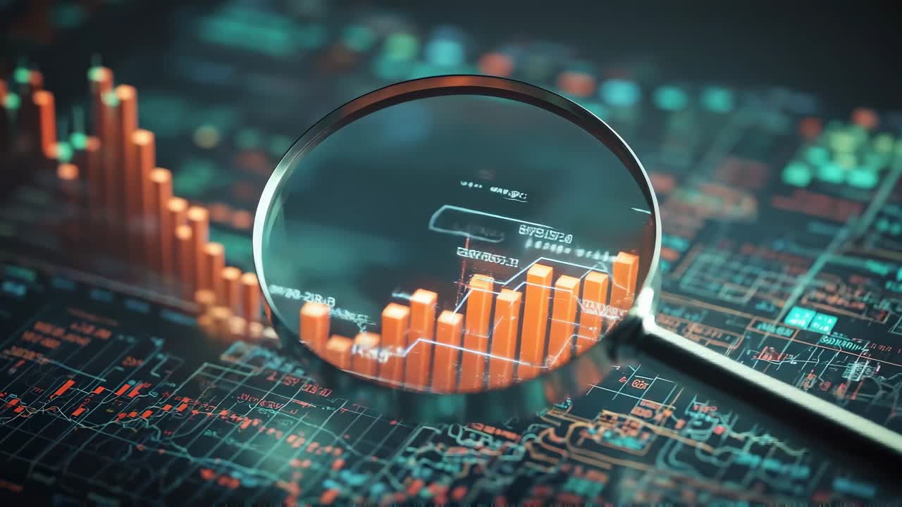 Ovenfra-visning af finansielle data med et forstørrelsesglas, der fremhæver grafer, ideel til video