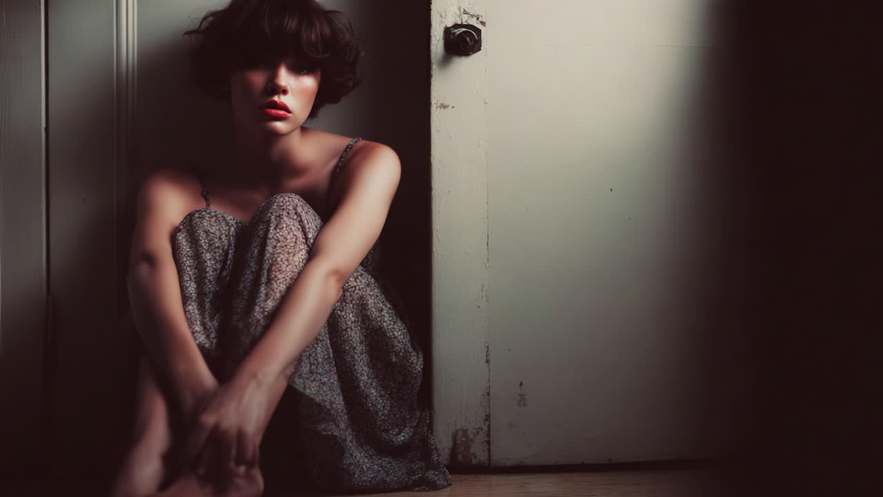 A contemplative figure sits in a dimly lit space, reflecting solitude and introspection while dressed in a flowing gown, evoking feelings of vulnerability and quiet emotion