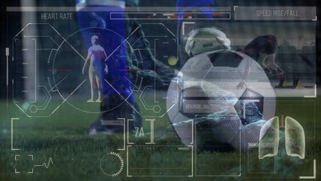 animación del procesamiento de datos médicos sobre la sección baja del jugador de fútbol masculino con fútbol.