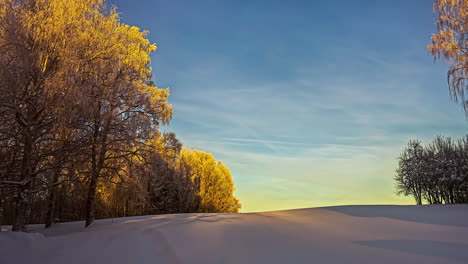 Timelapse-shot-of-a-female-walking-through-thick-layers-of-white-snow-during-evening-time