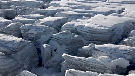 slow aerial circular shot around the ice blocks of the buerbreen glacier in folgefonna