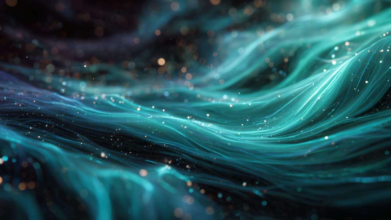 Beautiful teal and blue glowing particles and wispy lines creating an elegant, fluid motion background with a soft, ethereal light, perfect for technology or fantasy themes