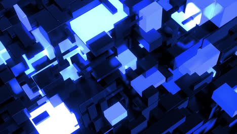 fondo azul oscuro de ciencia ficción. abstracto en bucle 4k oscuro bg cubos de neón bombillas. diferentes tamaños de cubos iluminación de red luz de neón azul, como la ciudad nocturna. visualización de tecnología blockchain