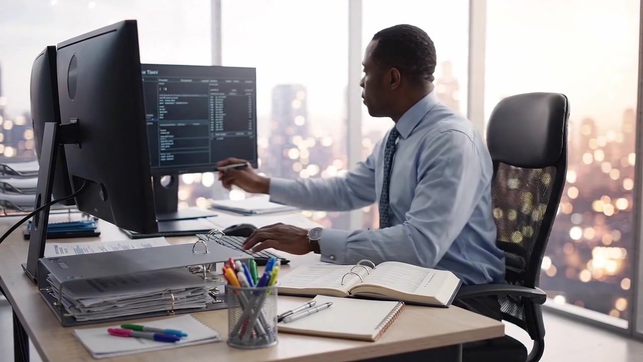 Focused Professional Working at His Desk with Computer, Analyzing Data While Taking Notes in a Modern Office with a City View in the Background