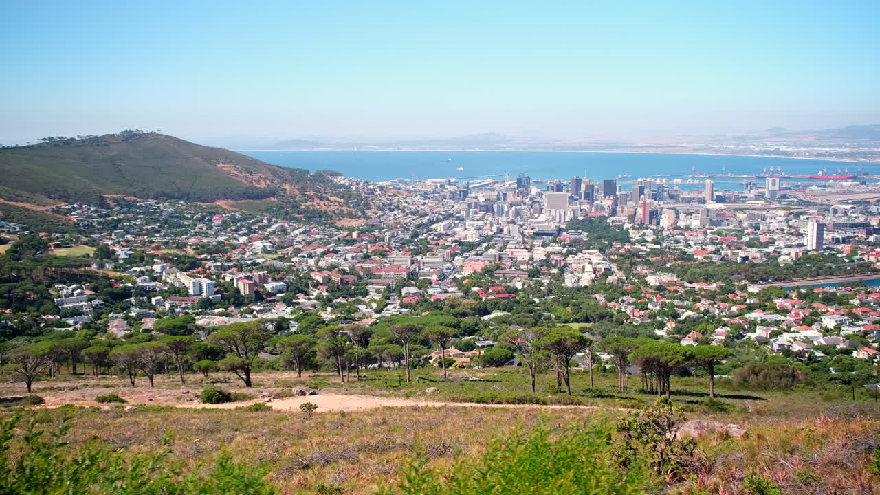 Cape Town city bowl and Signal Hill trucking view from vantage point on mountain