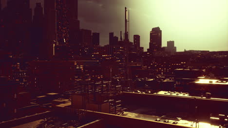 evening skyline view of an urban landscape under dramatic lighting