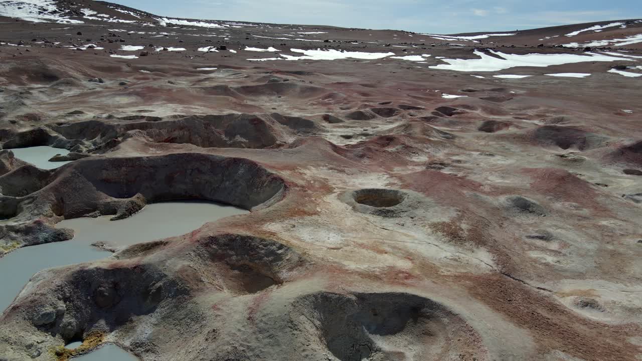 Wide overhead view of steaming geothermal geysers and terrain cracks in southern Bolivia