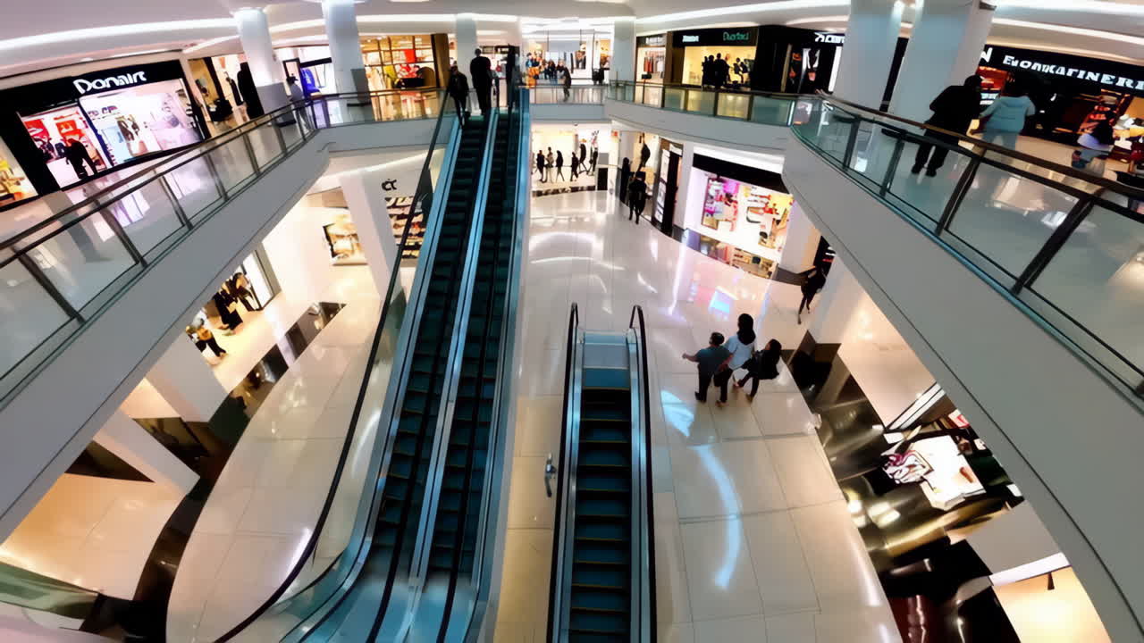 Busy Multi-Level Shopping Mall Interior with People and Escalators
