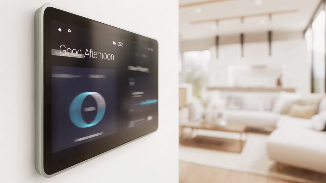 Smart home interface on wall tablet, angled view, modern living room ...
