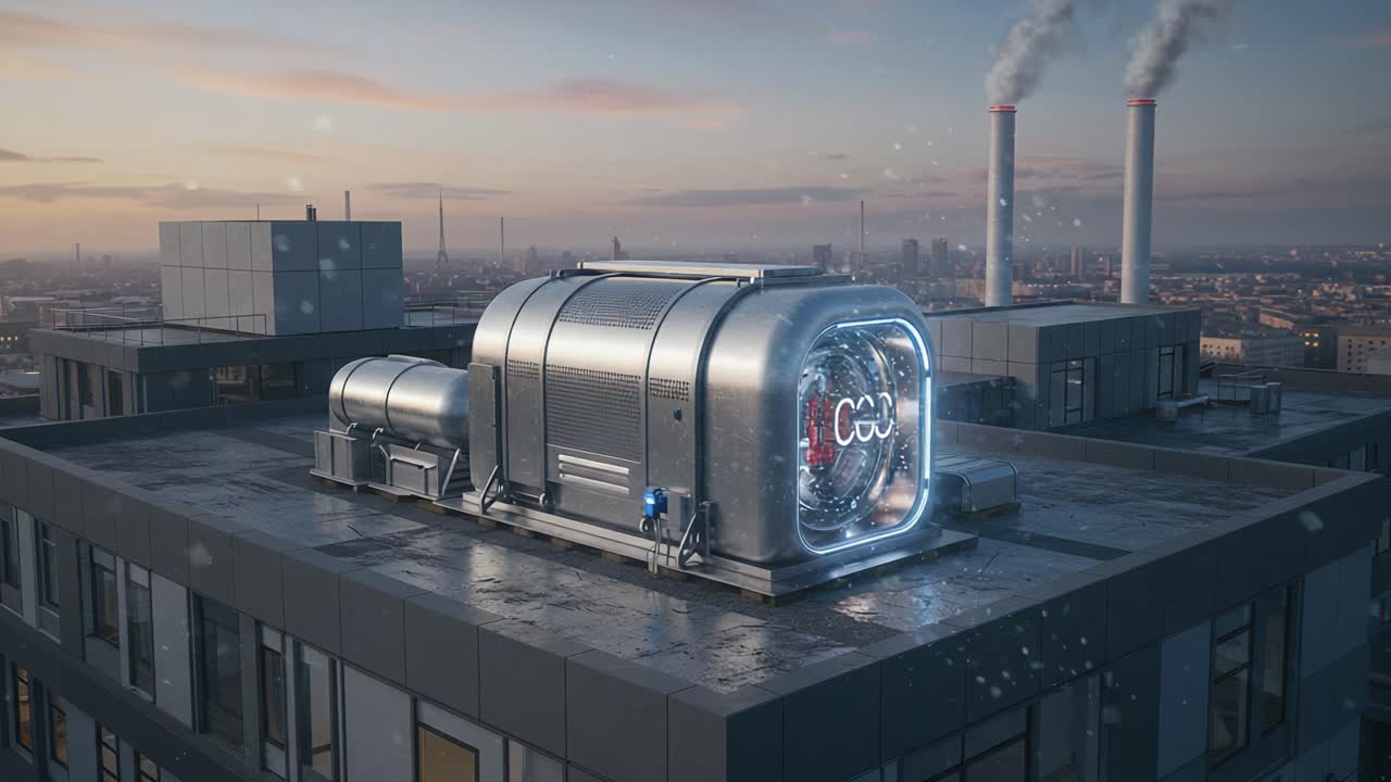 A Futuristic Energy Generator on a City's Rooftop, Showcasing Advanced Technology Amidst Industrial Background with Smoke Stacks and Urban Landscape