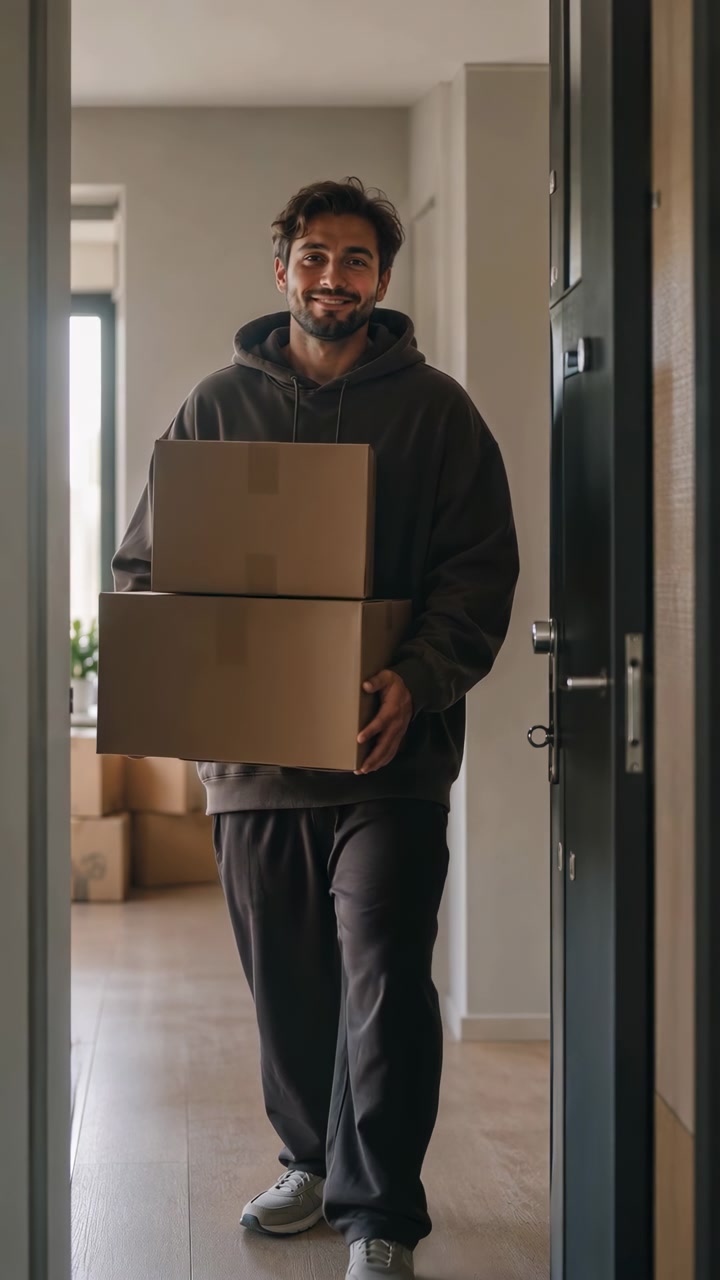 Young man stands inside apartment doorway holding two stacked cardboard boxes at chest level, relaxed posture and gentle smile in soft daylight, with clean home interior and neutral tones