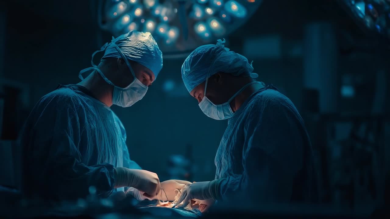 Surgeons performing a delicate operation in an operating room