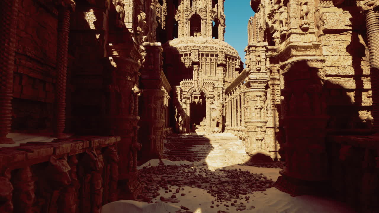 Ancient temple ruins surrounded by sand under a bright blue sky