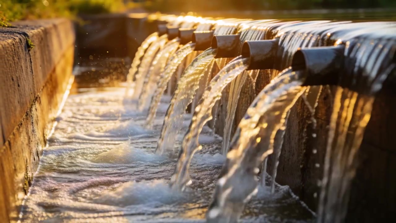Pouring metal spouts releasing water sheets into drainage channel at golden hour, forming foam