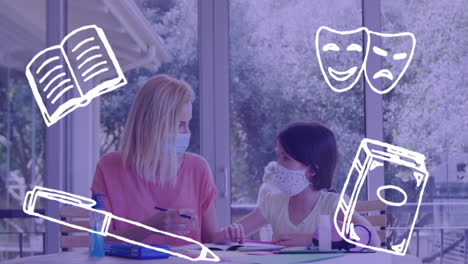 animación de iconos escolares sobre una mujer caucásica y su hija con máscaras faciales haciendo la tarea