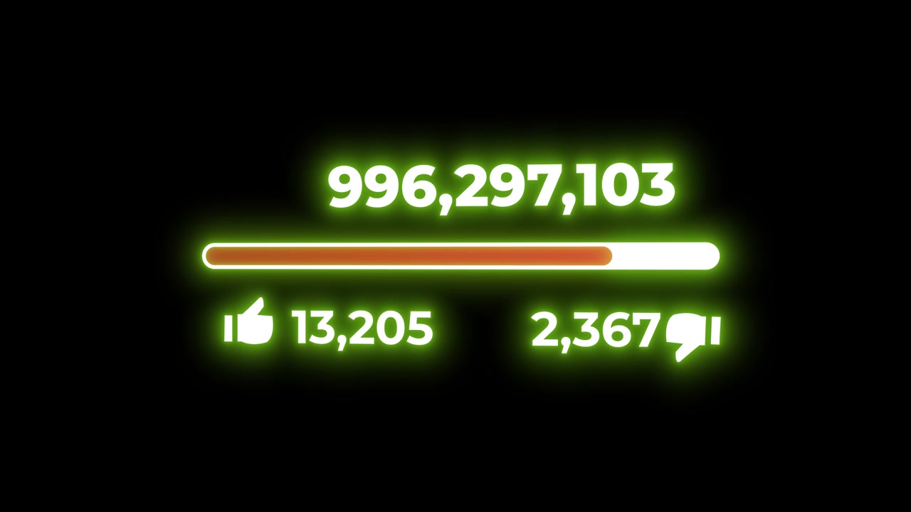 Social Media Engagement Counter Animation With Rising Numbers and Like Dislike Icons on Black Background Green glow 3D