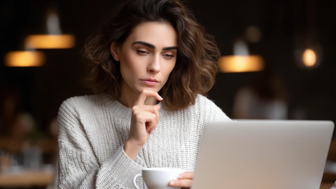 Contemplative Woman Engaged with Laptop, Deep in Thought While Enjoying a Warm Beverage in a Cozy Atmosphere
