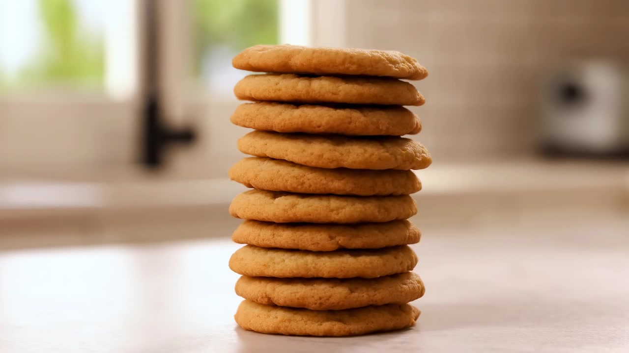 Floating Cookie Landing On Stacked Cookies, Warm Sunlit Kitchen Background, Blurred Window And Tap, Ceramic