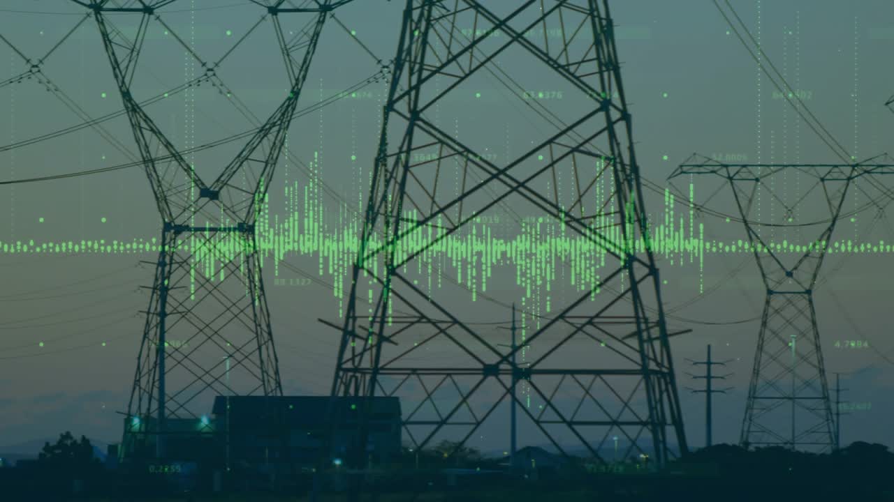 Camera panning right, pole morphing into steel towers while green waveform pulsing, showing audio