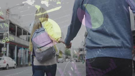 Animation-of-infographic-interface-over-biracial-couple-walking-holding-hands