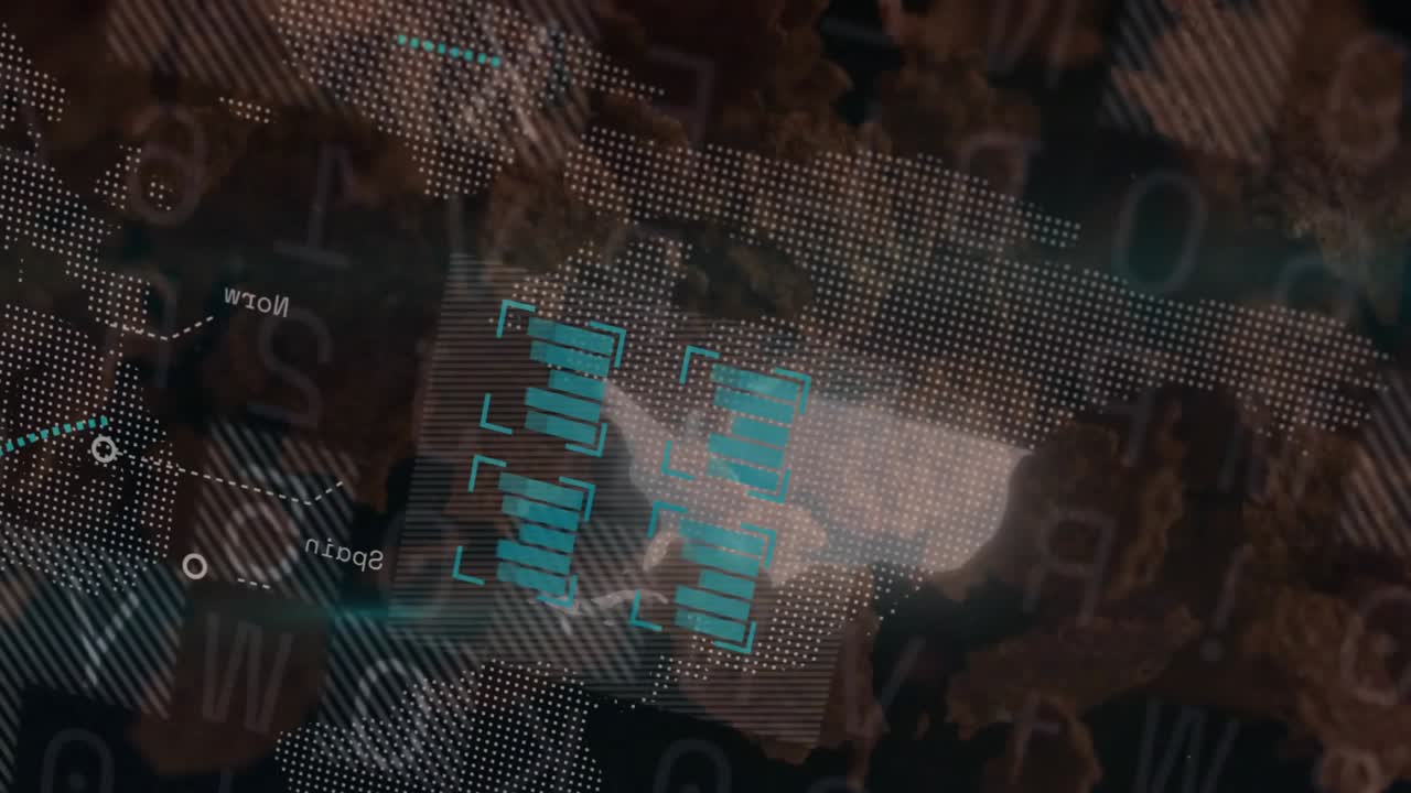 Floating alphanumeric layer initiating dotted world map building and bar modules visualizing